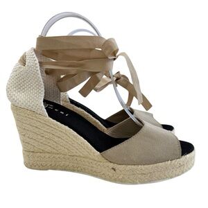 Manebi Soft Suede Lace-Up Peep Toe Espadrille Wedge Sandals Size 39/ US 9